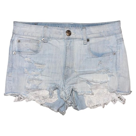 American Eagle Outfitters AEO Distressed Hi-Rise Shortie Light Wash Shorts 6 - Picture 1 of 9